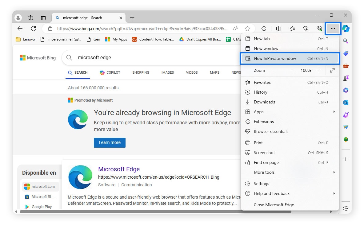 Click New InPrivate window to browse in private mode on Microsoft Edge.